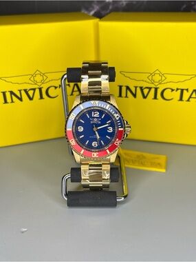 Invicta Pro Diver Gold-Tone Watch with Blue Dial and Red/Blue Bezel